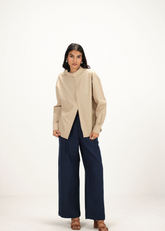 A Model Wearing Beige Linen Beige Linen Striped Band Collar Top & Pant Co-Ord Set, curated by Only Ethikal